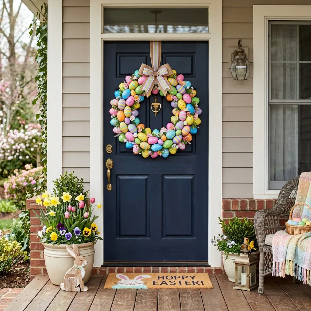 Circular Easter wreath made from plastic egg garland
